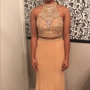 Dazzling two-piece, hand-beaded beige formal gown